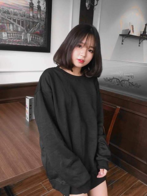Áo Sweater Nỉ Bông Tay Dài Unisex Màu Đen