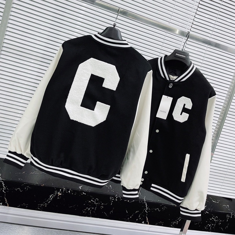 Áo khoác bomber dạ nam nữ tay da phối thêu chữ C xù bông hai mặt bo chun 2 lớp lót gió trong ấm áp