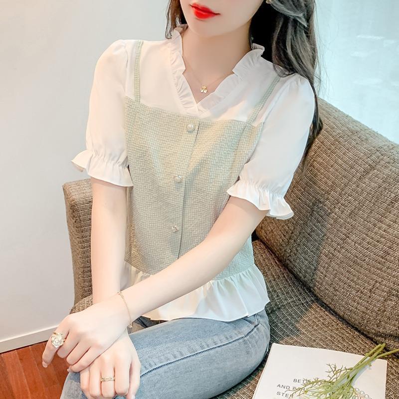 Áo Sơ Mi Ngắn Tay Cổ Chữ V Giả Hai Lớp Thời Trang Mùa Hè Dành Cho Nữ