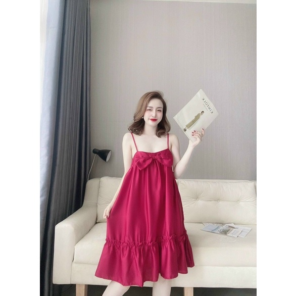 Váy đầm ngủ, đầm lụa 2 dây mặc nhà kèm quần