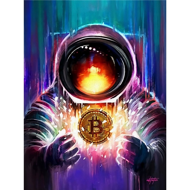 Tranh Vải Bạt Treo Tường In Hình Bitcoin Spaceman Truyền Cảm Hứng Trang Trí Nhà Cửa / Văn Phòng