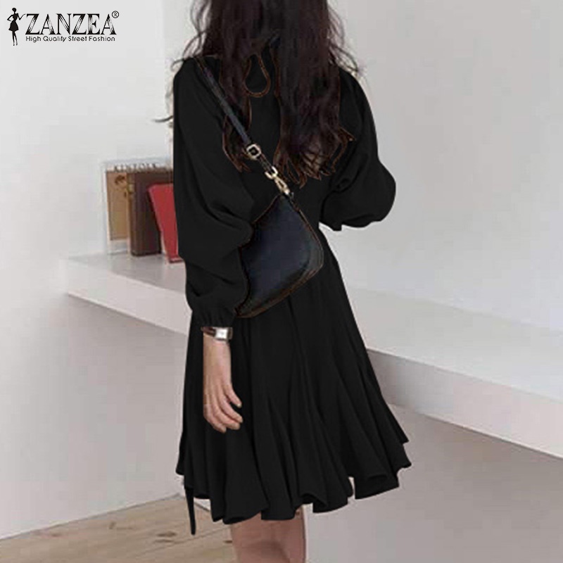 Đầm ngắn ZANZEA tay dài phồng cổ tròn ống tay co giãn xếp ly dành cho nữ