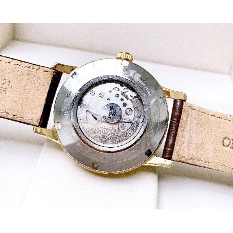 Đồng hồ nam Orient sun&moon gen 4 RA-AS0004S10B màu gold dây da chính hãng, giá rẻ
