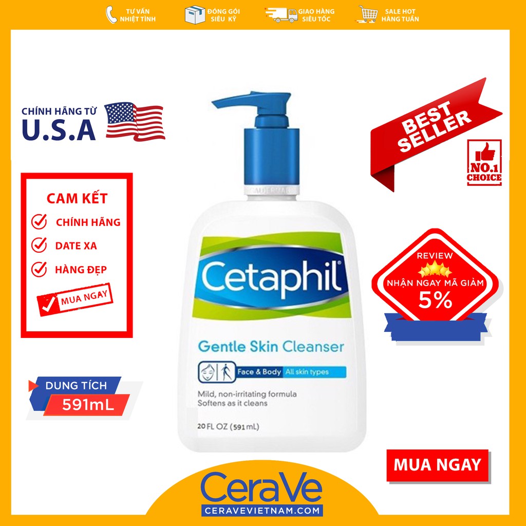 Cetaphil Gentle Skin Cleanser Face & Body - Sữa rửa mặt dịu nhẹ cho da (500mL - 591mL)