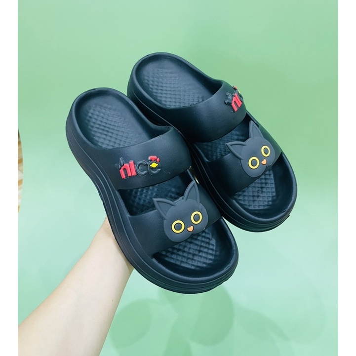 Dép Bánh Mì Nữ, Dép 2 Quai Ngang Đính Mèo Đế Độn 7cm Hack chiều cao siêu đẹp
