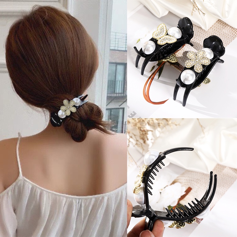 Kẹp tóc HAIMEIKANG hình bướm đính ngọc trai giả thời trang 7.5cm