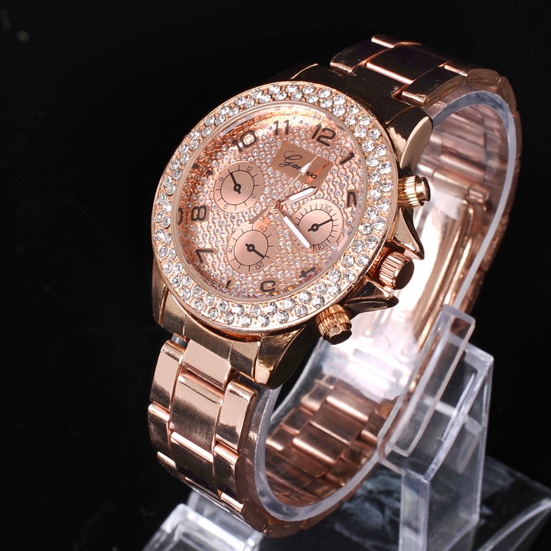 Đồng Hồ Quartz Nữ Đính Đá Mạ Vàng Hồng Với Dây Đeo 3 Mắt