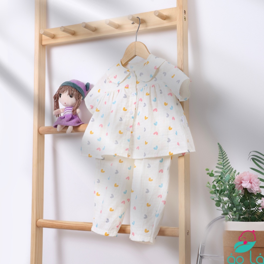 Pijama tay ngắn bé gái vải xô tre Áo Lá Homewear XONG22, đồ bộ xô bé gái babydoll họa tiết dễ thương