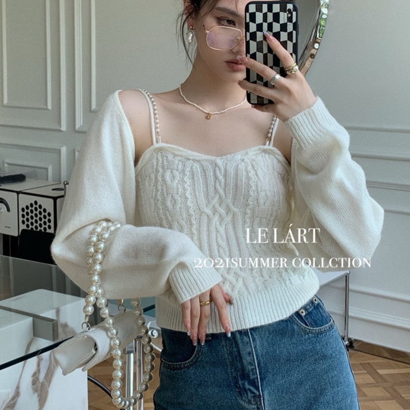 Áo Len Cardigan Dài Tay Hai Dây Đính Ngọc Trai Phong Cách Pháp Cổ Điển Dành Cho Nữ