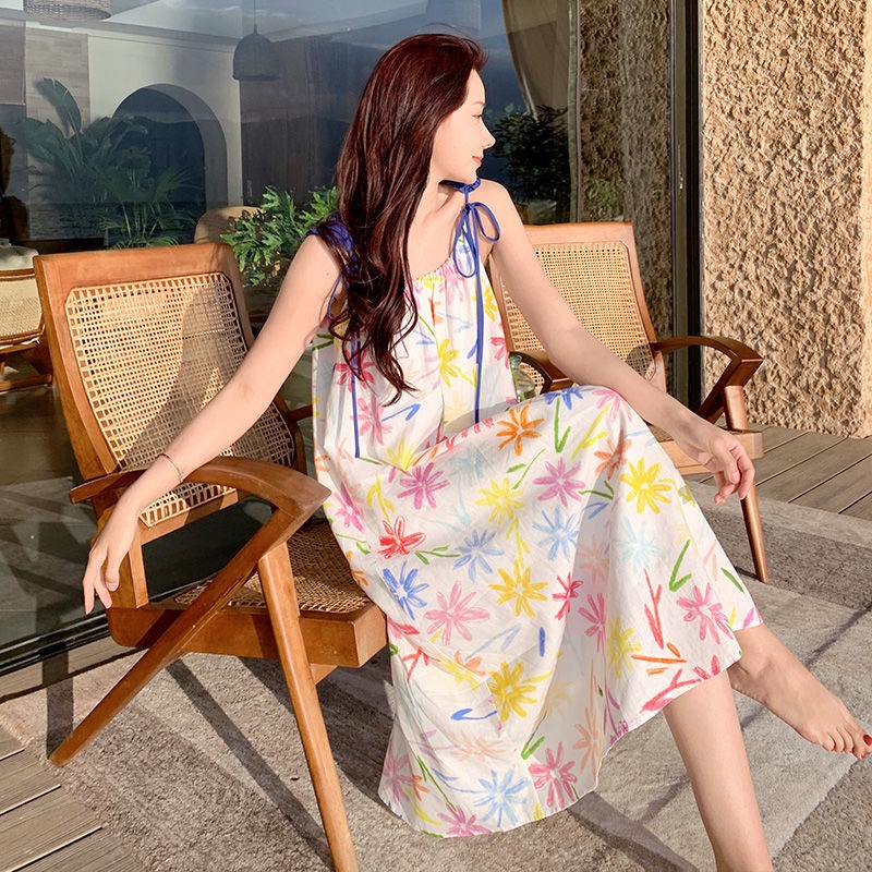 Đầm Yếm Cotton Lanh Dáng Suông In Họa Tiết Hoa Hướng Dương Phong Cách Retro Hong Kong Thời Trang Cho Nữ