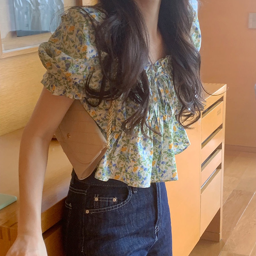 Áo SUXI tay ngắn cổ chữ V in hoa phong cách Hàn Quốc cổ điển