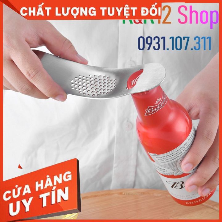 Dụng cụ ép tỏi K02. Dụng cụ nghiền tỏi bằng tay chất liệu Inox kiêm đồ khuôi chai tiện lợi.
