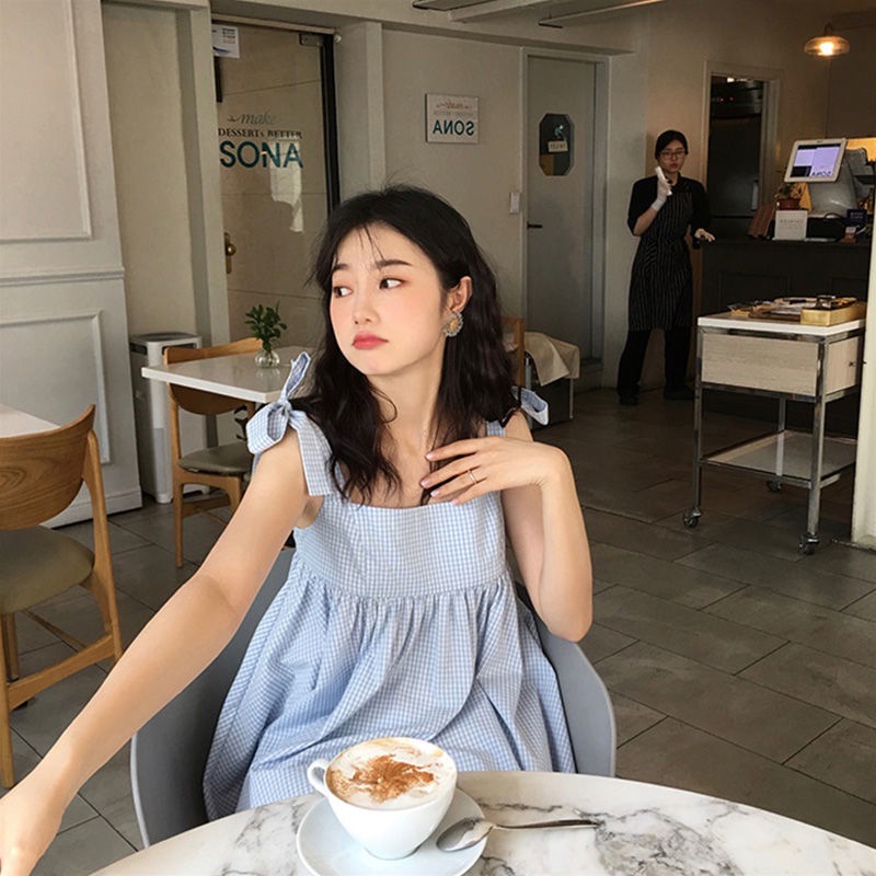 IELGY Áo Hai Dây Ngắn Dáng Suông Kẻ Sọc Caro Thắt Nơ Phong Cách Hàn Quốc Cho Nữ