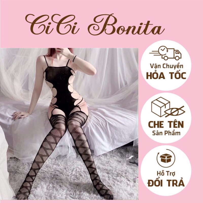 Bodysuit đan dây hông siêu gợi cảm kèm tất lưới liền thân body shape CICI BONITA CB03 - SHIP HỎA TỐC HCM