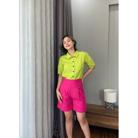 Quần Short linen nữ lưng dập ly,dây kéo hông.Hình cận vải shop chụp thật