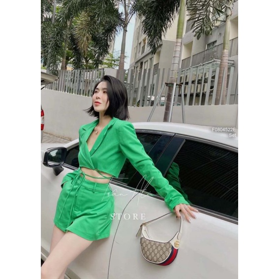 Set áo vest croptop tay dài phối quần giả váy có túi 0804