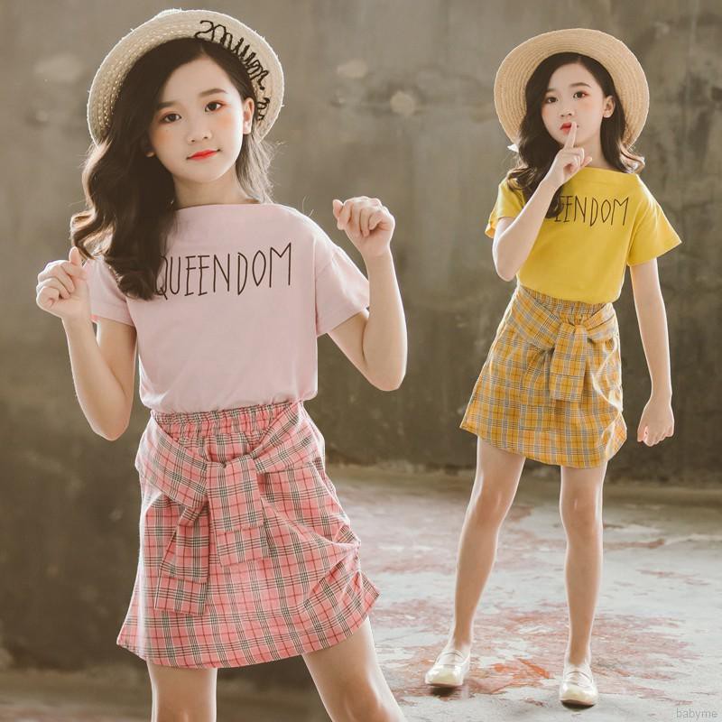 Bộ áo thun cotton ngắn tay + chân váy caro cho bé gái