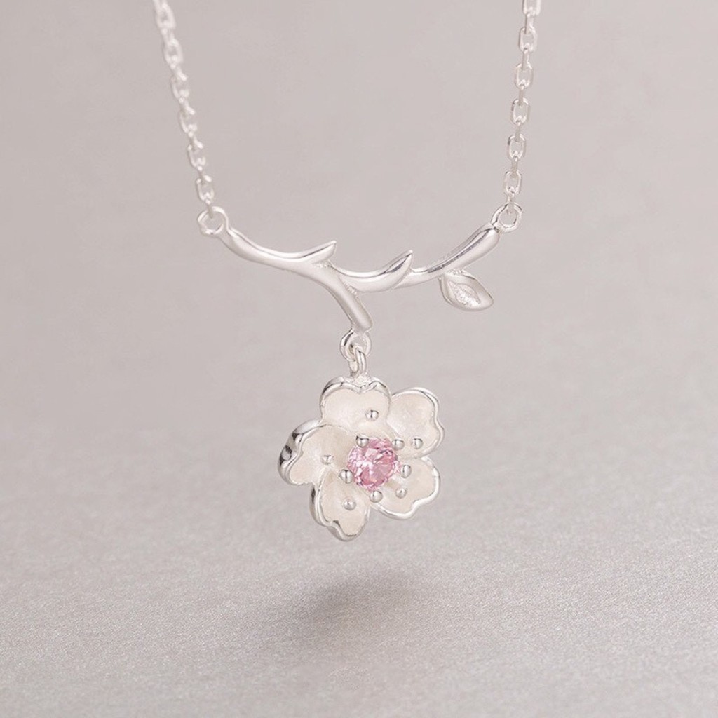 Vòng cổ bạc Ý TNC JEWELLERY 925 cành hoa anh đào hồng thanh lịch cho nữ