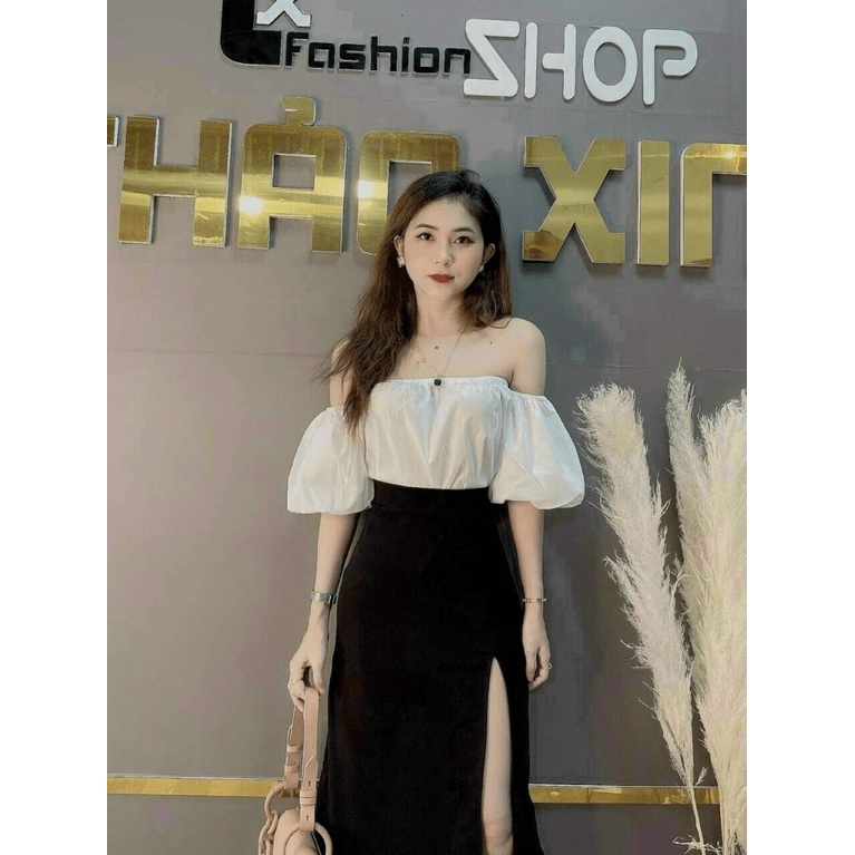 SÉT ÁO TRỄ VAI PHỐI CHÂN VÁY XẺ ĐÙI TÔN DÁNG SIÊU XINH TSX