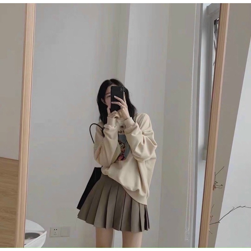 Set hoạt hình thu đông áo nỉ + chân váy xếp li kèm lót trong có ảnh thật
