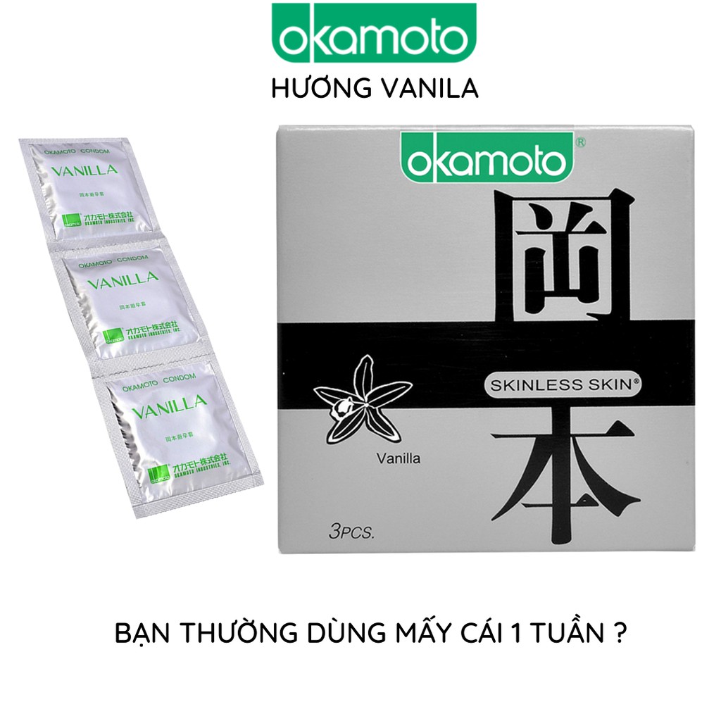 Bao cao su OKAMOTO hương Vanila 3 bao/hộp Skinless Skin trơn mủ cao su nguyên chất siêu mỏng chống tuột Nhật Bản