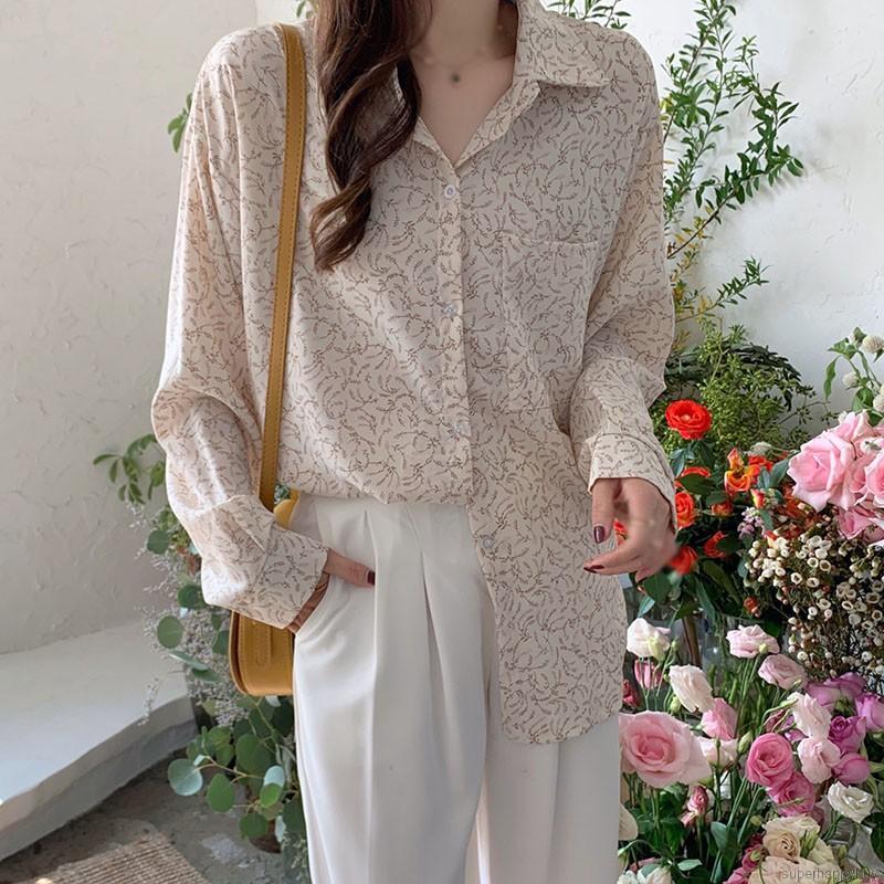 Áo Kiểu Tay Dài Hoạ Tiết Hoa Thiết Kế Dáng Rộng Thoải Mái