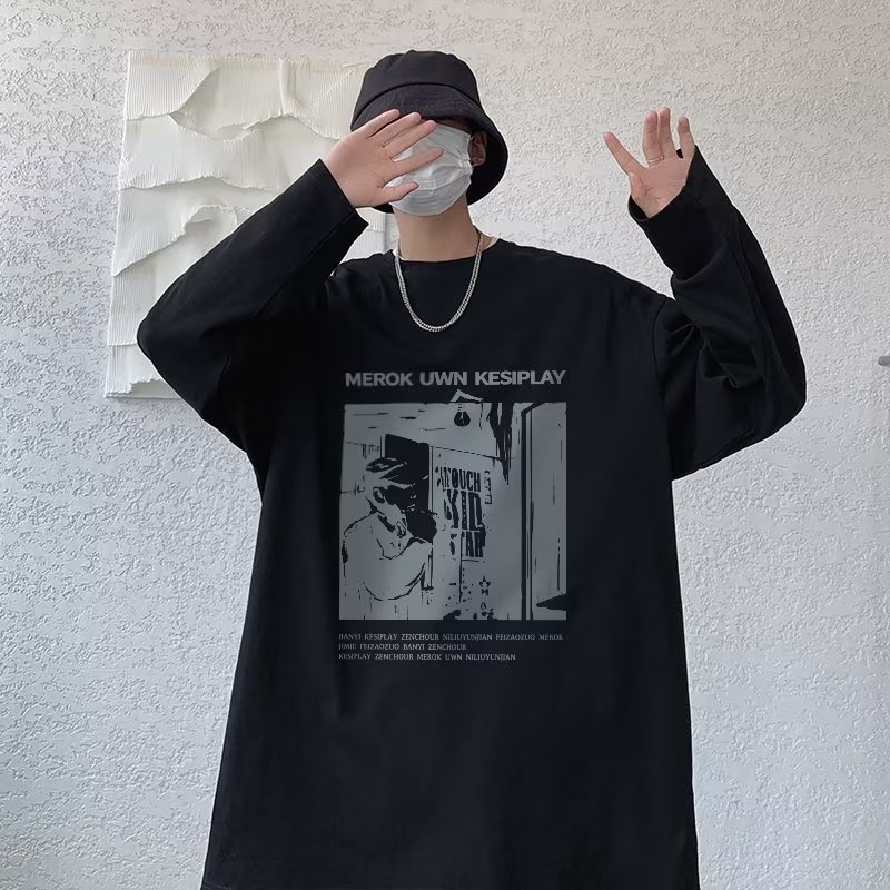 Áo Thun Tay Dài Dáng Rộng In Họa Tiết Hoạt Hình Phong Cách Hip Hop Hàn Quốc Thời Trang Cho Nam Và Nữ size M-5XL