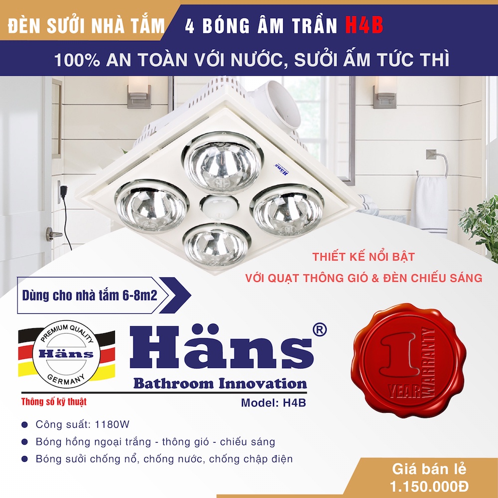 - Đèn sưởi nhà tắm HANS 4 bóng âm trần H4B