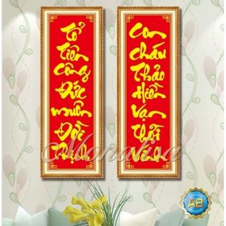 Tranh đính đá câu đối Tổ tiên công đức muôn đời thịnh. Kích thước: 70x100cm
