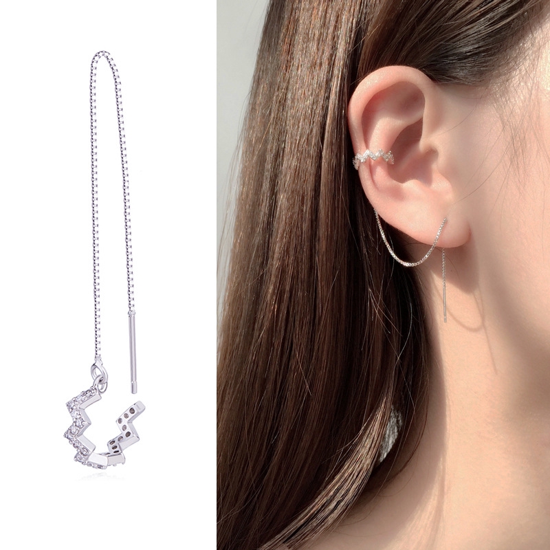 Bông tai dạng kẹp phối dây xích dài đính đá kim cương phong cách Boho thời trang Hàn Quốc cho nữ