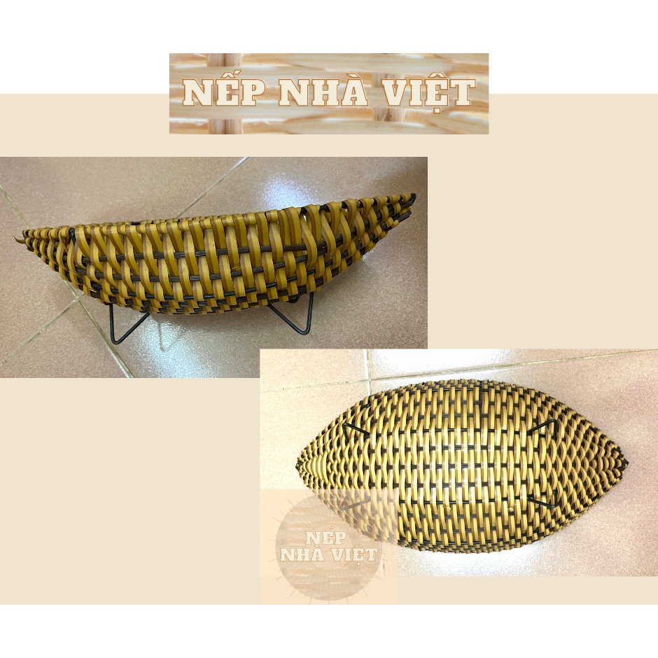 Khay /Dĩa Dáng Thuyền Nan Bằng Dây Nhựa Kiểu Mây Tre Lá Đan Size Nhỏ Trung Lớn