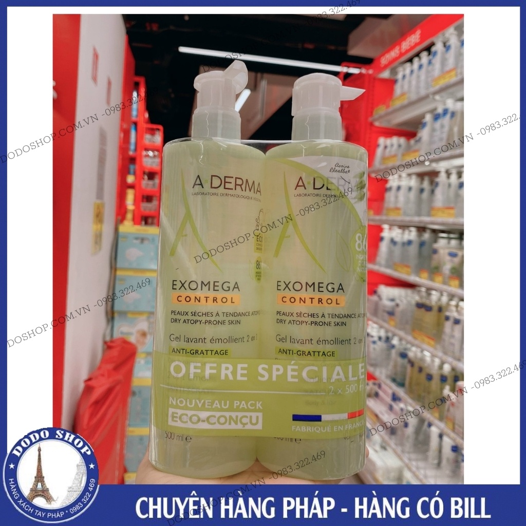 Sữa tắm gội 2in1  Aderma Exomega Control 500ml Dành Cho Da Khô, da nhạy cảm, da cơ địa, hàng nội địa Pháp.