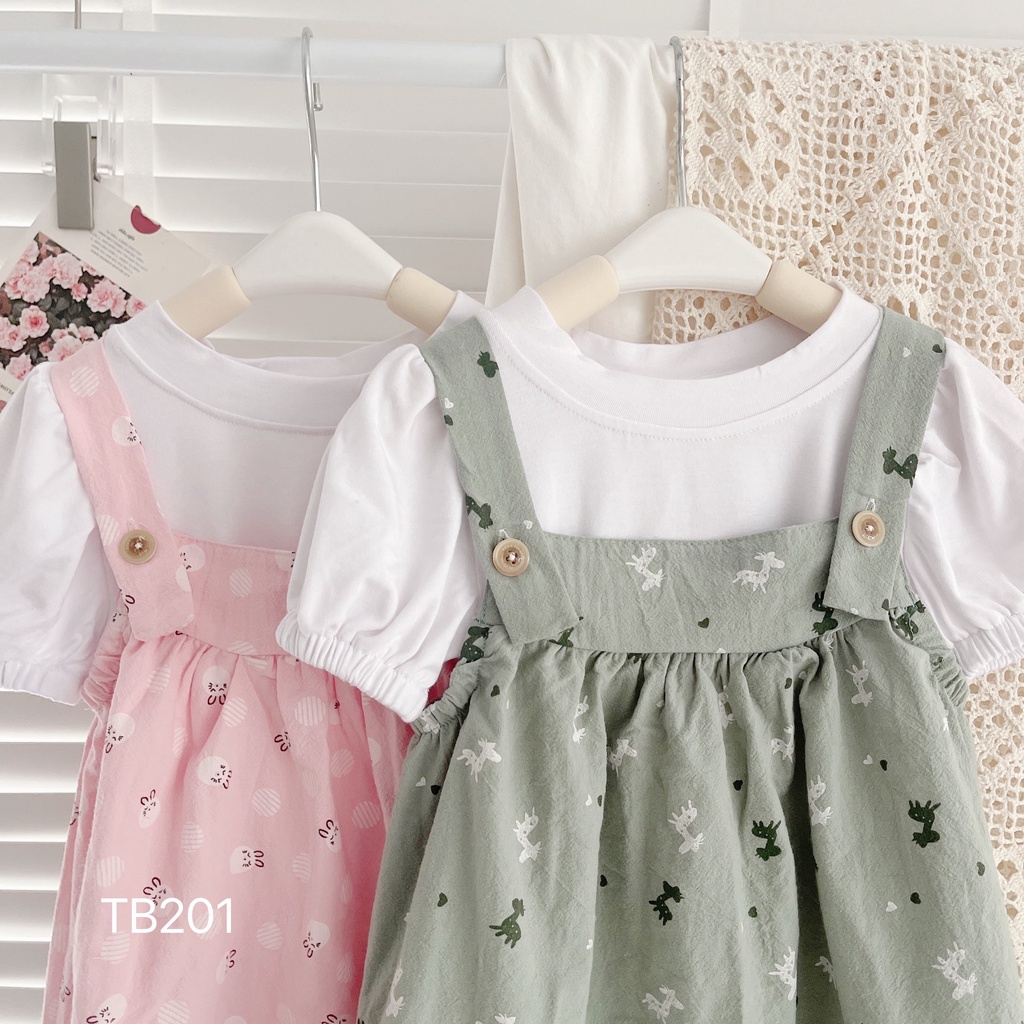 Váy Yếm Hoa Cho Bé Gái, Sét Yếm Hoa Nhí Kèm Áo Thun Trắng Vintage Cho Bé