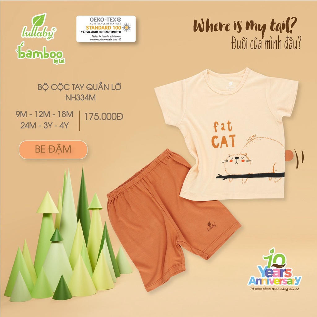 Bộ Lullaby cộc tay bamboo cao cấp mềm mịn thoáng mát thấm hút tốt in hình con vật quần lỡ cho bé trai bé gái NH334M