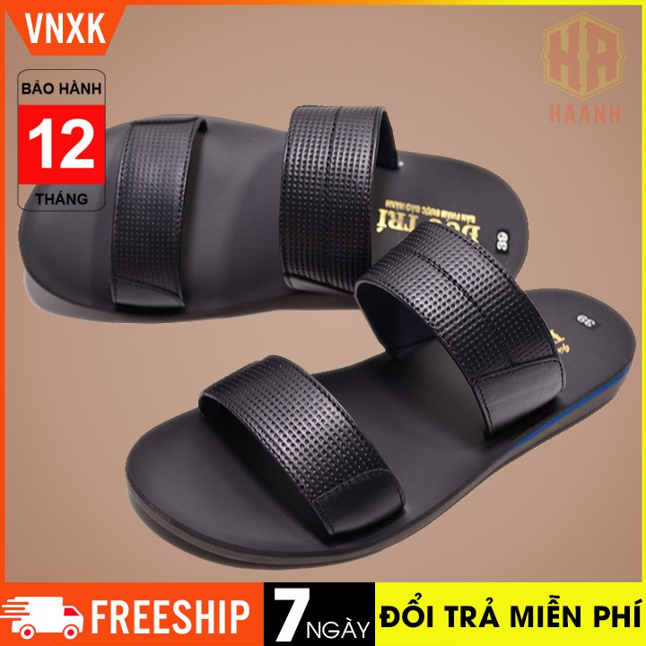Dép da nam cao cấp dép quai ngang da bò thật màu đen đế cao su VNXK Bảo Hành 12 Tháng