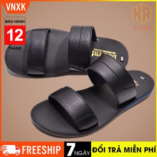 Dép da nam cao cấp dép quai ngang da bò thật màu đen đế cao su VNXK Bảo Hành 12 Tháng