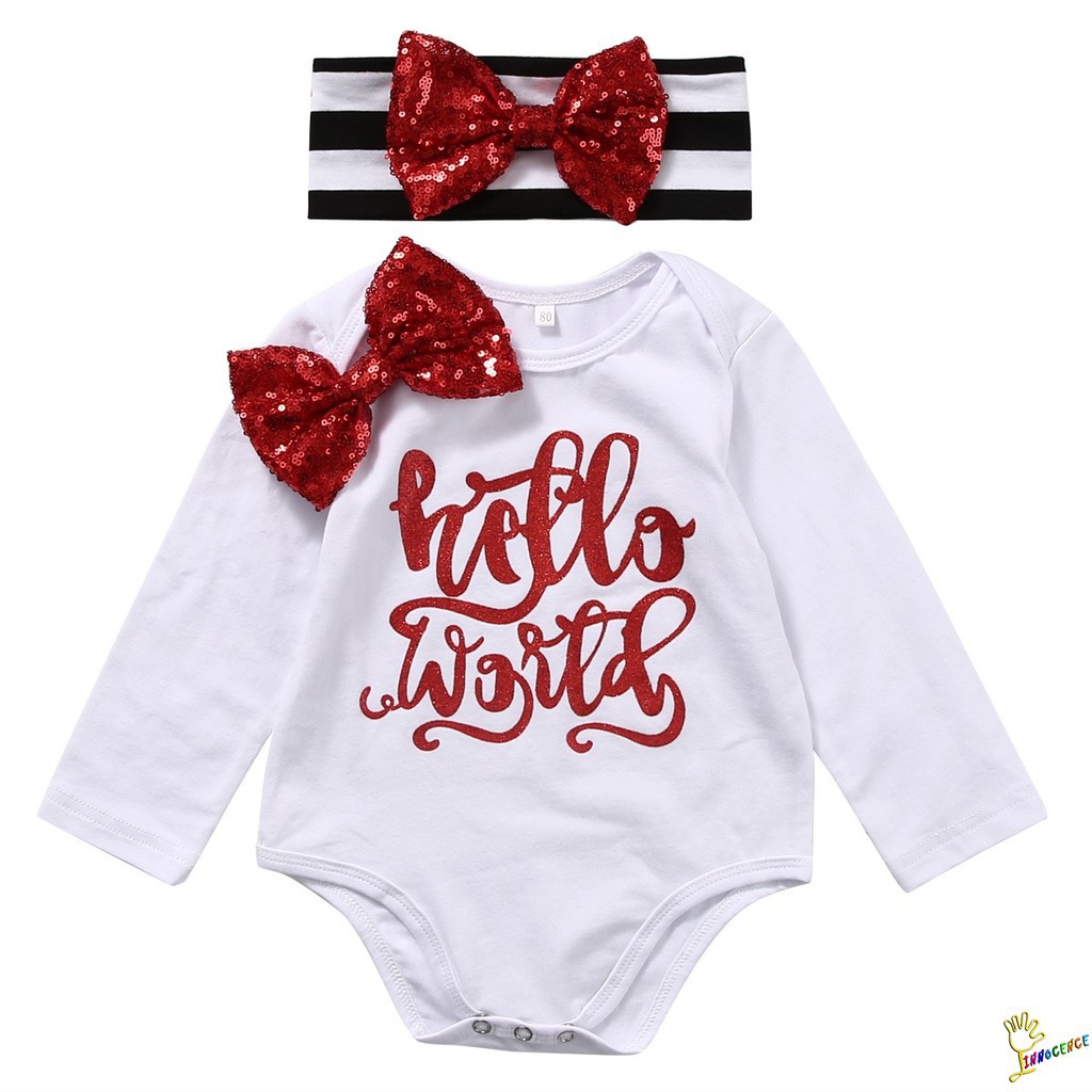 0TO-2Pcs Newborn Infant Baby Girls Hello World Romper Bodysuit+Headband Outfits