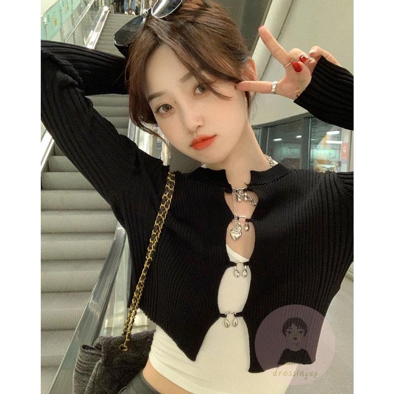 Áo Dệt Kim Dài Tay Cổ Chữ U Màu Sắc Đơn Giản Cho Nữ