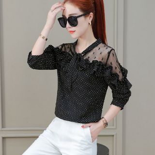 Áo kiểu nữ chấm bi phối lưới cao cấp