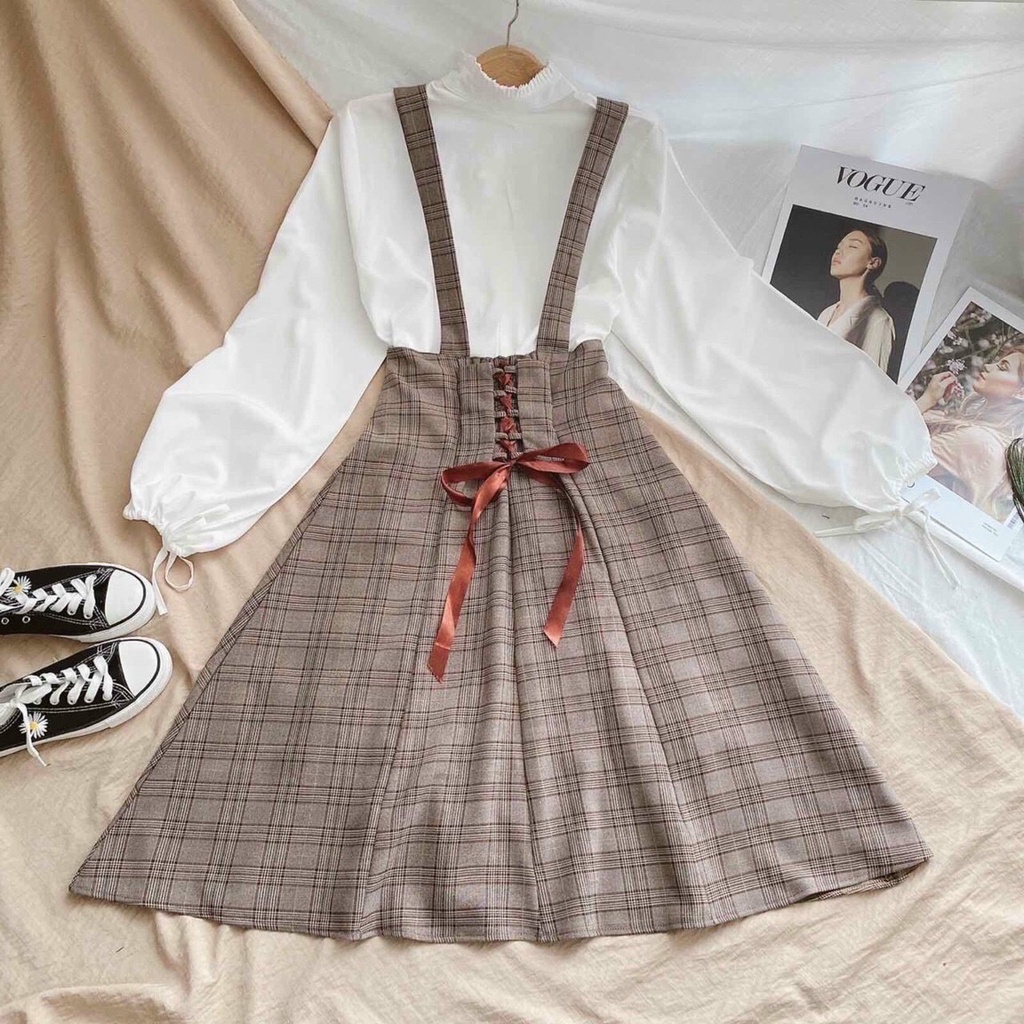 SET ÁO SƠ MI KÈM ĐẦM YẾM CARO (KÈM VIDEO HÌNH THẬT)