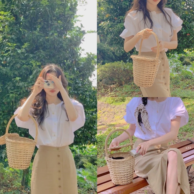 Set Áo Tay Bồng Mix Chân Váy Kaki Siêu Xinh Có Ảnh Thật, Sét Bộ Nữ Vintage Hàn Quốc
