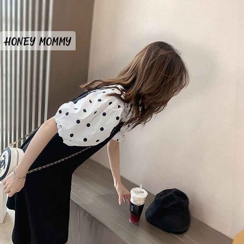 Váy Bầu Yếm Chấm Bi Tay Phồng Dáng Suông HD2827 Honey Mommy Đầm Bầu Mùa Hè Ngắn Tay Công Sở