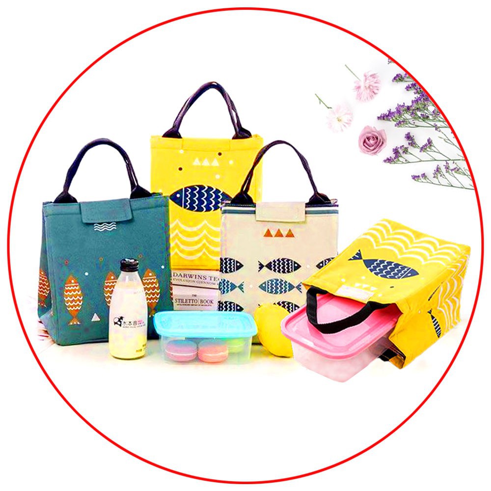 Túi giữ nhiệt đựng hộp cơm, đồ ăn họa tiết cá đa năng