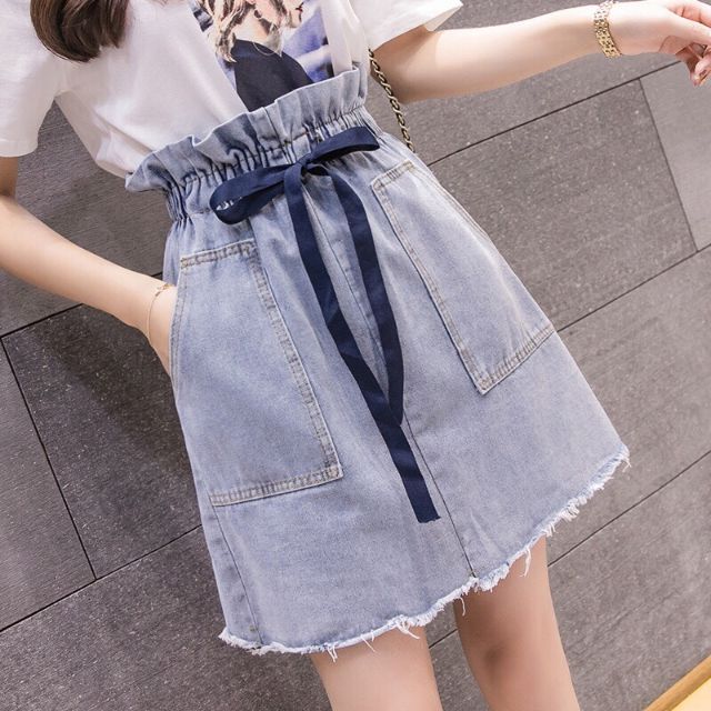 Chân váy jean chun eo nơ xinh kèm ảnh thật | BigBuy360 - bigbuy360.vn