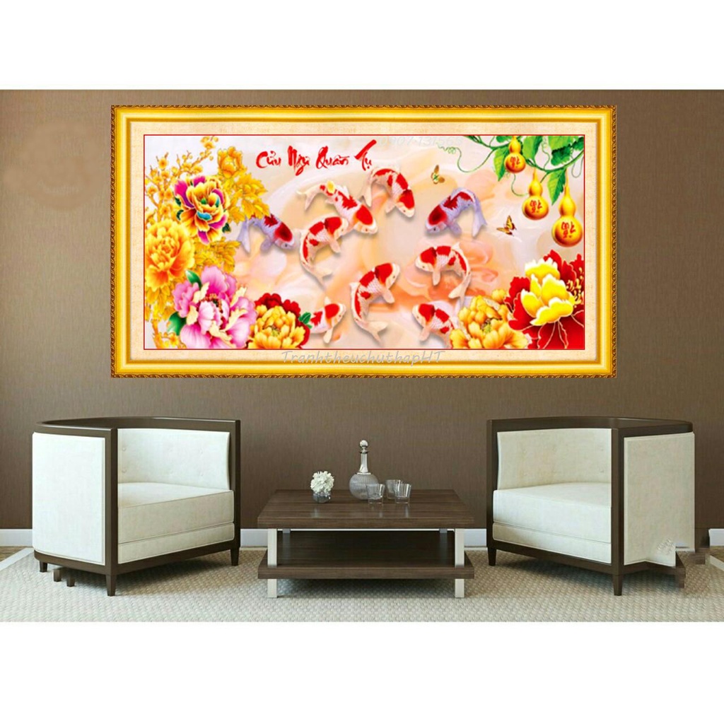 Tranh thêu chữ thập cá cửu ngư quần hội KT:107x52cm,tranh chưa thêu .Tặng kéo và xỏ chỉ.