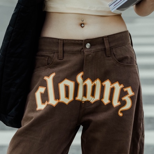 Quần jeans nâu baggy local brand Clownz New Flame Pants ống rộng unisex nam nữ