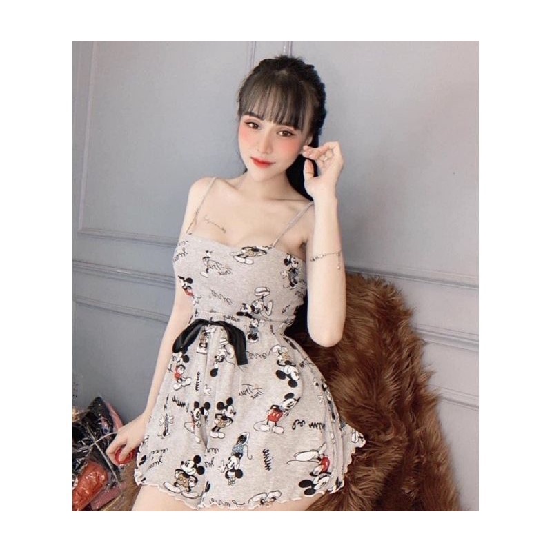 Set bộ Mickey áo 2 dây croptop quần xoè lưng cao tôn dáng hàng vnxk, hình thật | BigBuy360 - bigbuy360.vn
