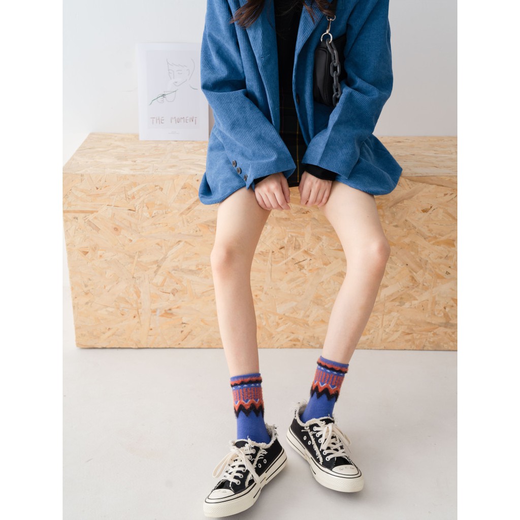 Vớ len cao cổ viền sóng, tất ulzzang chất len họa tiết sóng NEKO