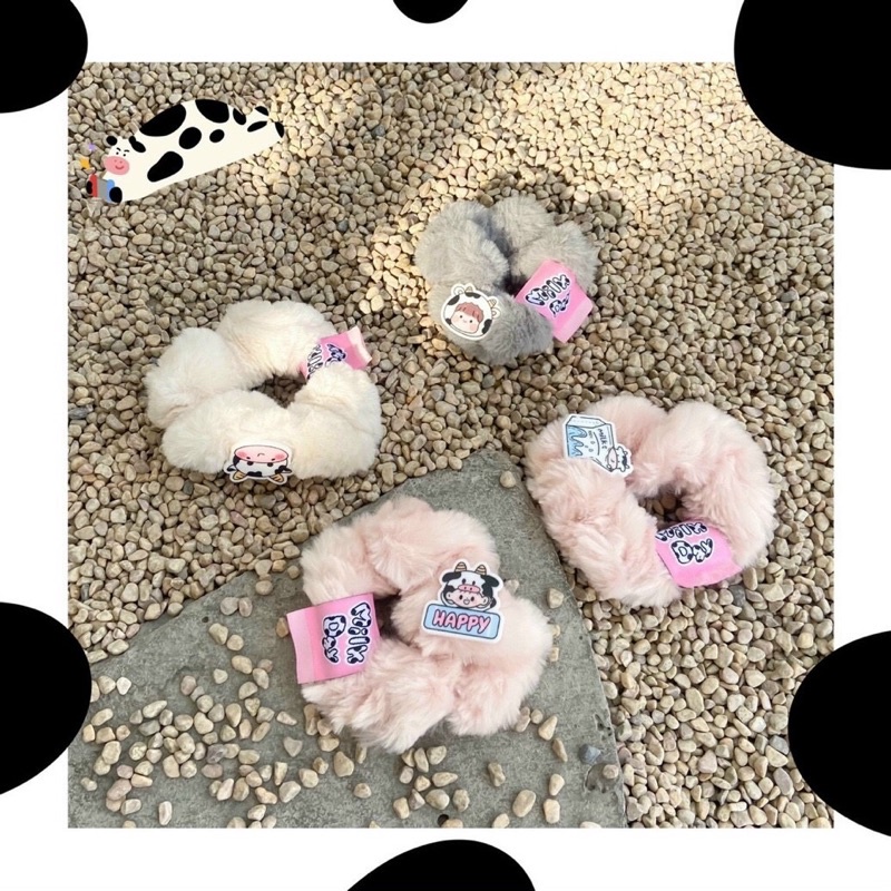 Cột tóc scrunchie lông hoạ tiết bò sữa/thỏ/gấu siêu êm tóc
