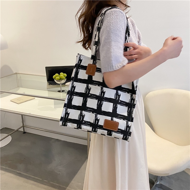 Túi đeo vai IELGY vải canvas cỡ lớn kẻ sọc kiểu retro thời trang cho nữ